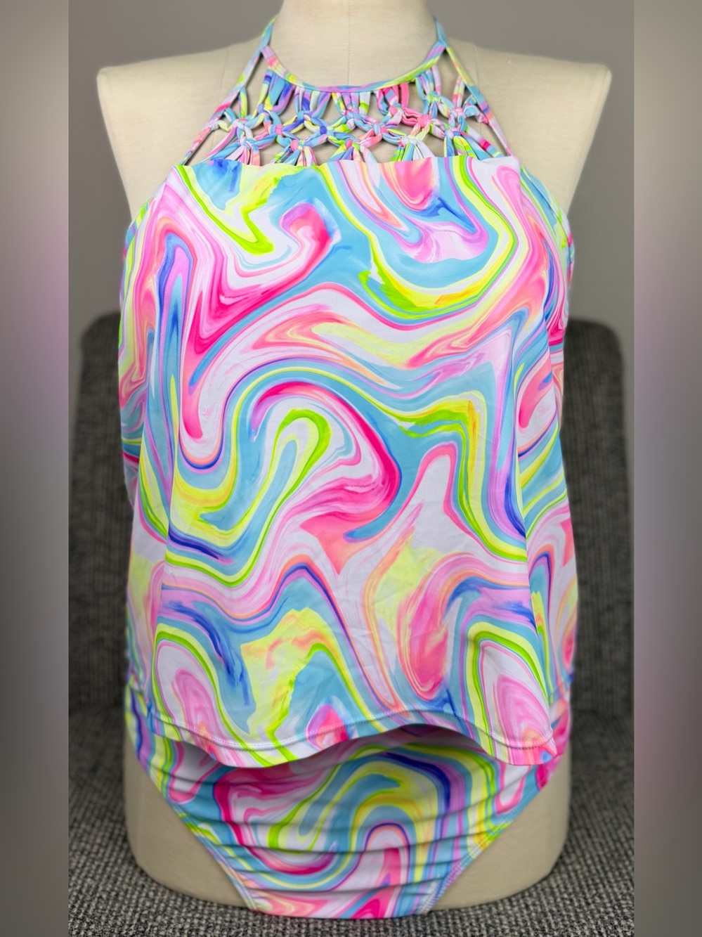 Sugar & Jade Girls Plus Tankini Swimsuit XXL Plus 20/22 Marble Print Halter 2Pc